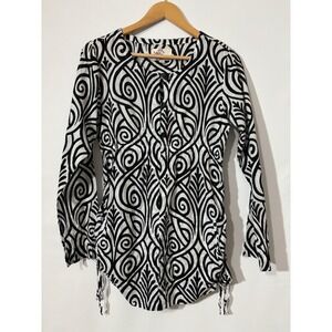 Title Nine Black White Swirl Print Tunic Top Long Sleeve Button Front Women's S‎